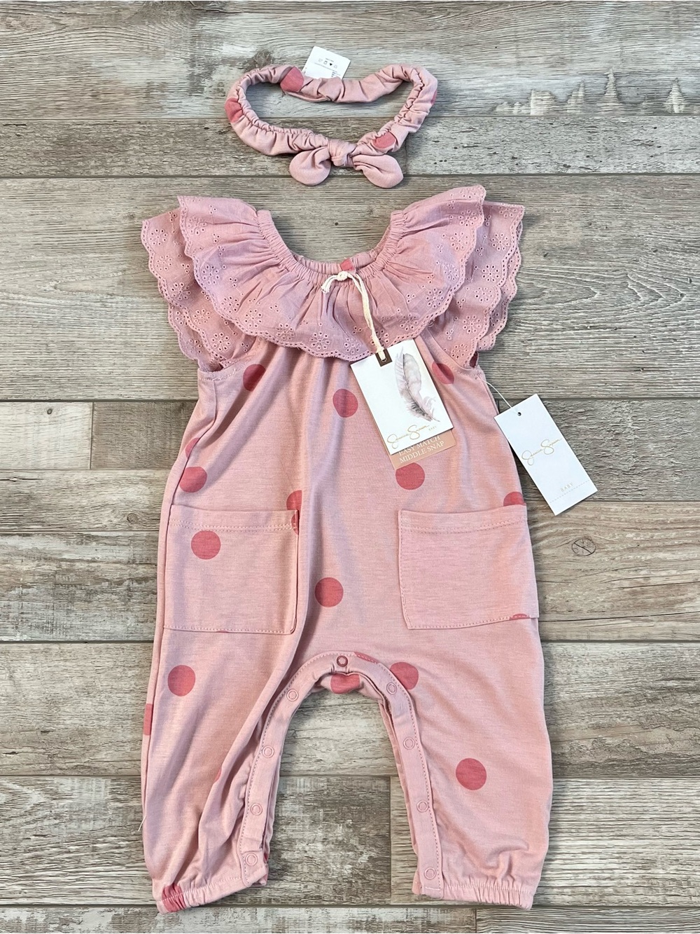NWT Jessica Simpson Mauve Dot Romper and Headband Set Size 3/6 Months - Picture 1 of 5